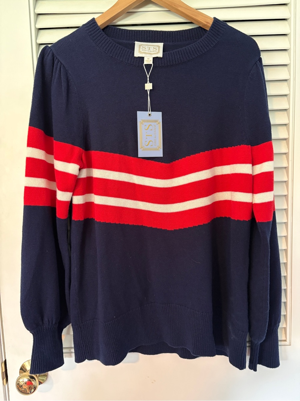 Sail to Sable Navy Crew Sweater with Red and White Stripes